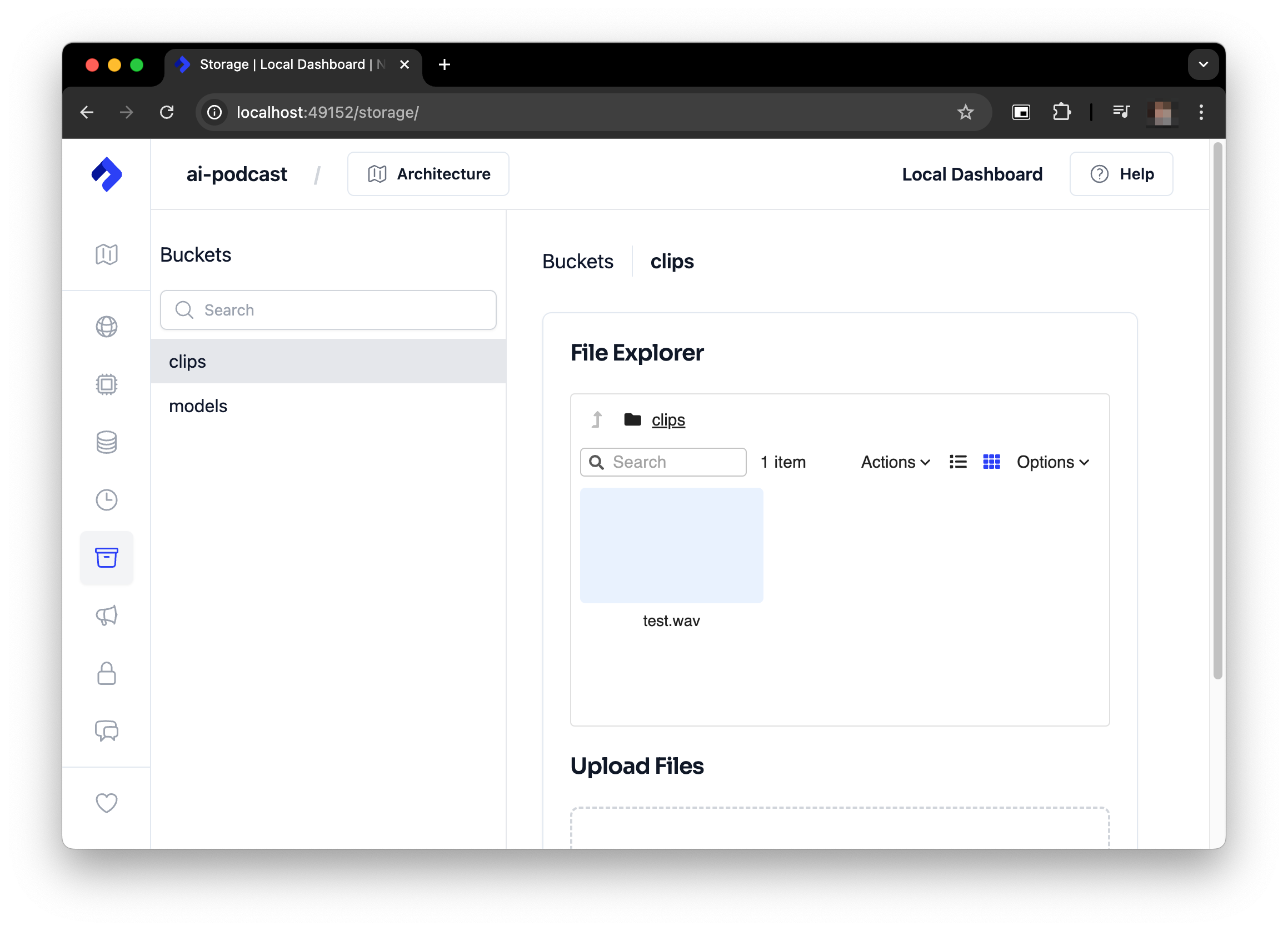 screen shot of the local development dashboard